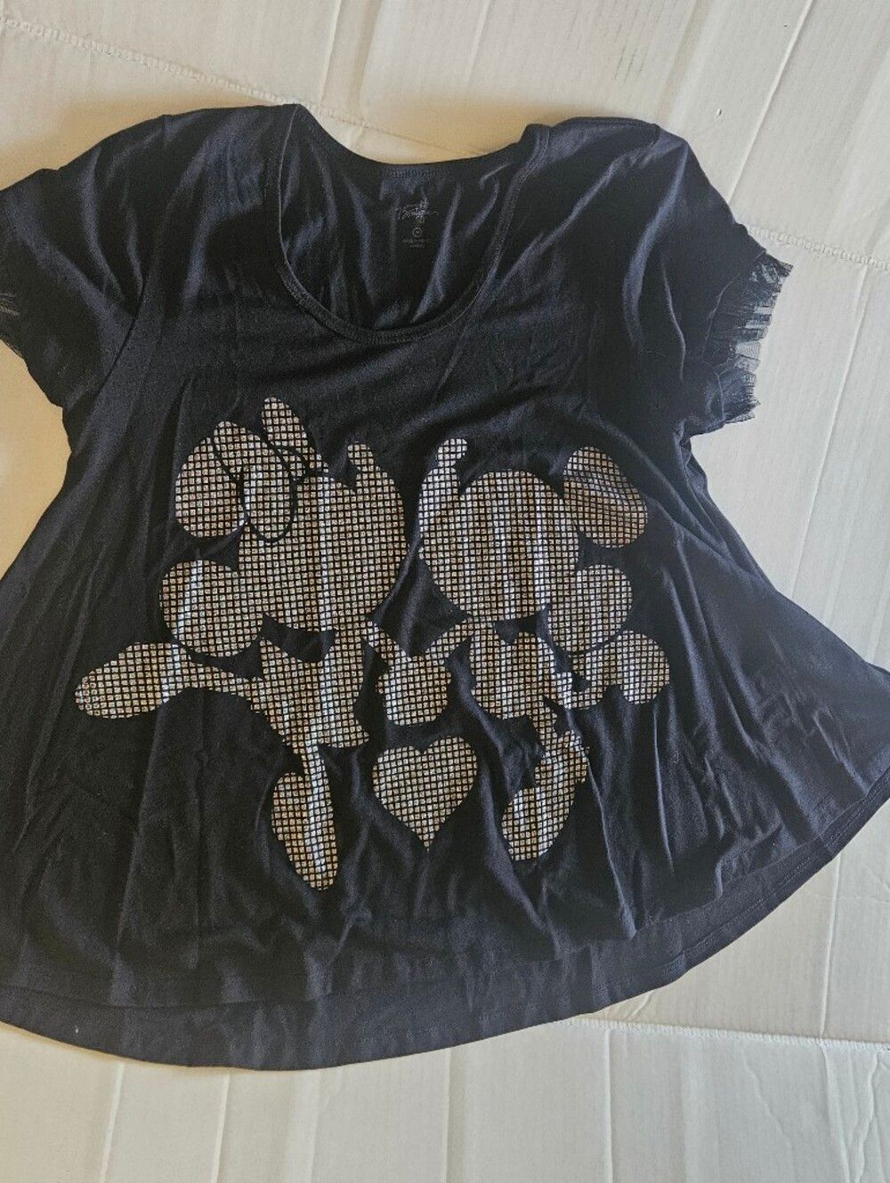 Disney Black Tee with Silver Glitter Mickey Silhouette, Medium